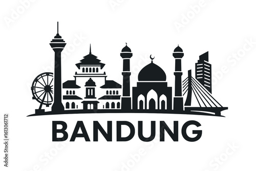 Bandung city skyline with iconic buildings and landmarks