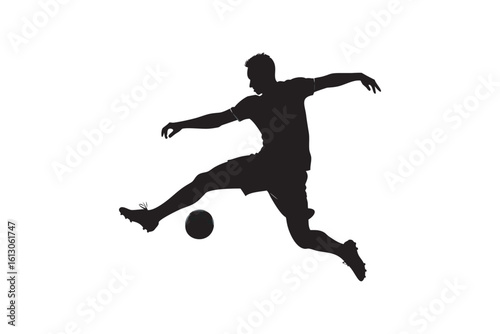 Silhouette of a soccer player kicking a ball in mid air isolated on white background showcasing athleticism skill and the dynamic energy of the sport