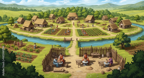 Idyllic Medieval Village Depicting Daily Life with Farming and Pottery Activities.