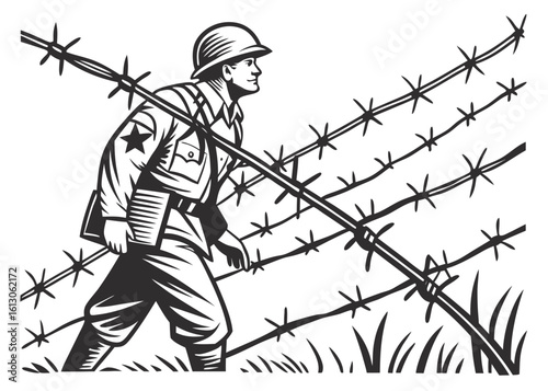 Here's a concise description combining your terms:

Vintage vector illustration of an old black and white architectural house with a fence, sketched into a serene urban landscape