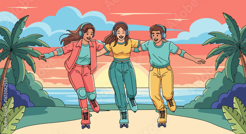 Joyful Friends Roller Skating Together on a Tropical Beach at Sunset