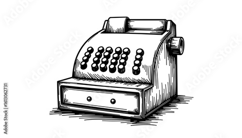 Vintage cash register sketch in black and white style  