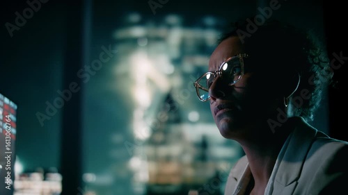 Afroamerican stock market analyst working in skyline office at night