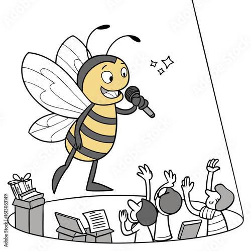 A happy bee sings into a microphone on stage with an excited audience