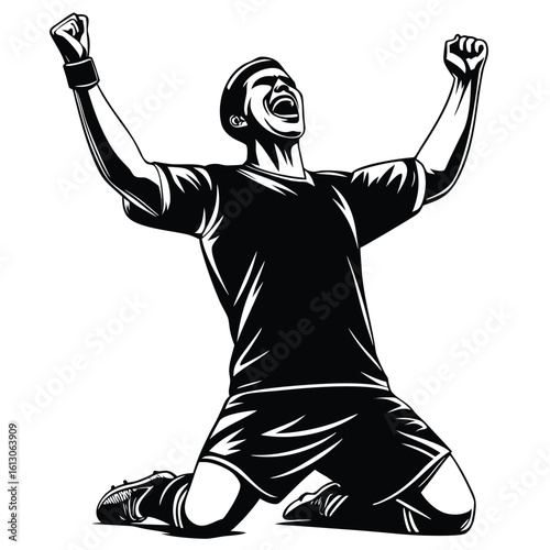 Silhouette of a Victorious Athlete in a Dynamic Pose Celebrating Success with Arms Raised on Knees Expressing Triumph
