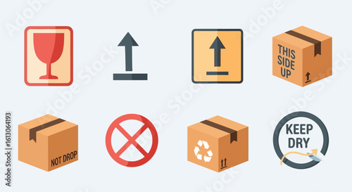 Collection of shipping and handling icons, including fragile, this side up, keep dry, do not drop, and recycling symbols, presented in a flat vector style.