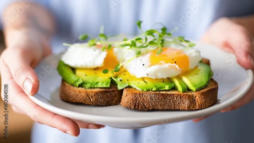 A person holding a plate of avocado toast topped with poached eggs and microgreens in a cozy kitchen