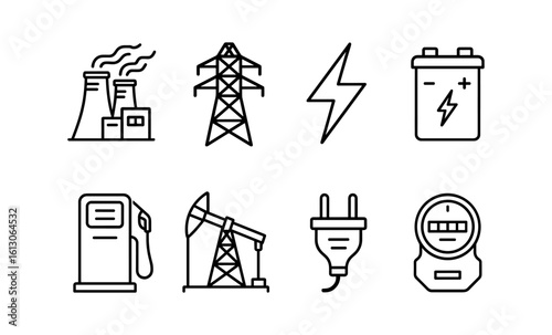 Energy icons set featuring power plants, gas pump, and electric meter in linear style