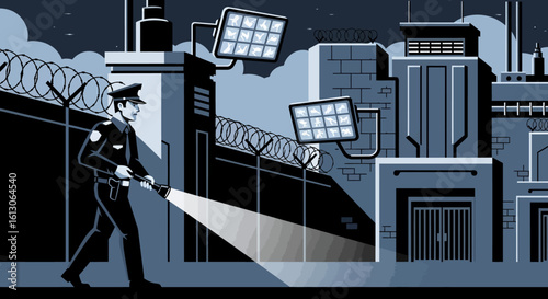 Nighttime Security Guard Inspecting Perimeter with Flashlight in Vector Illustration