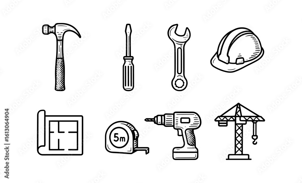 Fototapeta premium Construction tools set in linear style with blueprint and crane