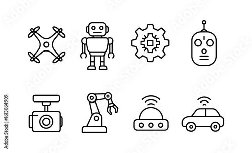 Smart technology line icons set featuring robotics, automation, and drones