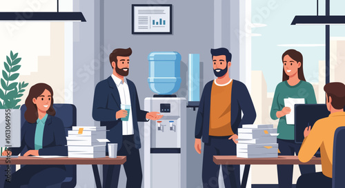 Office Scene with Diverse Professionals Engaged in Work and Water Cooler Conversation