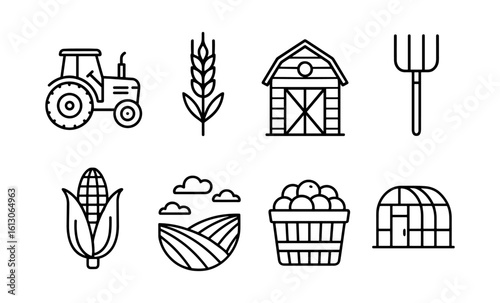 Set of linear farm icons: tractor, wheat, barn, and more