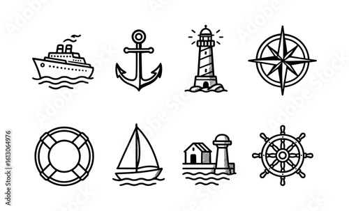 Nautical icon collection featuring sailboat, lighthouse, and compass designs
