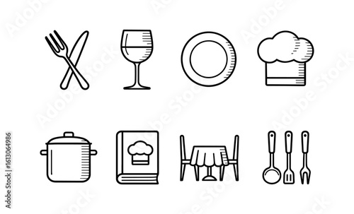 Minimalist line art kitchen icons featuring cooking and dining essentials