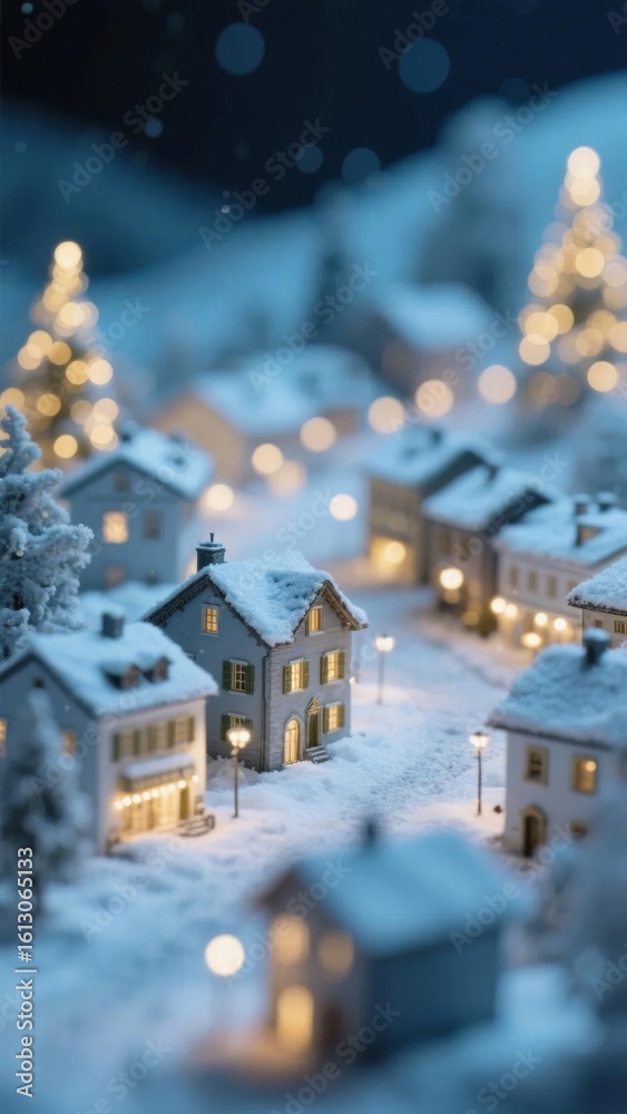 Fototapeta premium Snowy Village at Night with Illuminated Houses and Christmas Trees