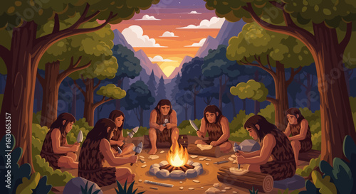 Prehistoric Tribe Crafting Tools Around a Warm, Glowing Campfire at Dusk
