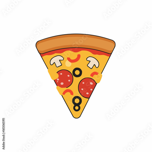 A delicious slice of classic pepperoni and mushroom pizza. Cartoon illustration of a popular fast food meal.