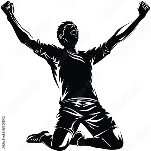 Silhouette of a Victorious Athlete in a Dynamic Pose Celebrating Success with Arms Raised on Knees Expressing Triumph