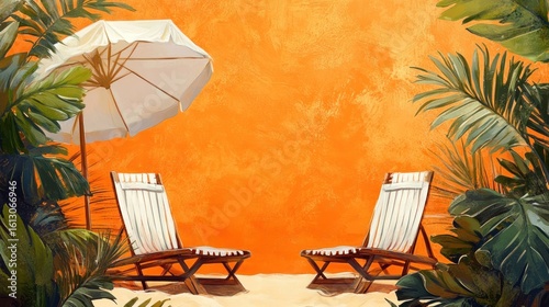 Two beach chairs with parasol on lush orange summer background