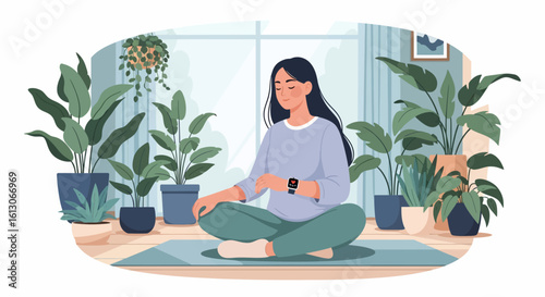 Serene woman meditating indoors surrounded by lush potted plants and natural light