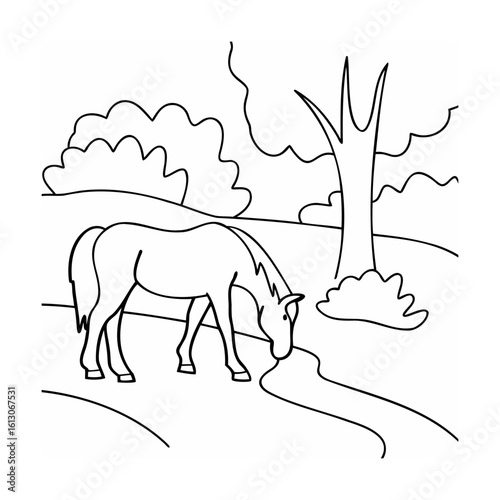 Horse grazing near a tree and bushes nature