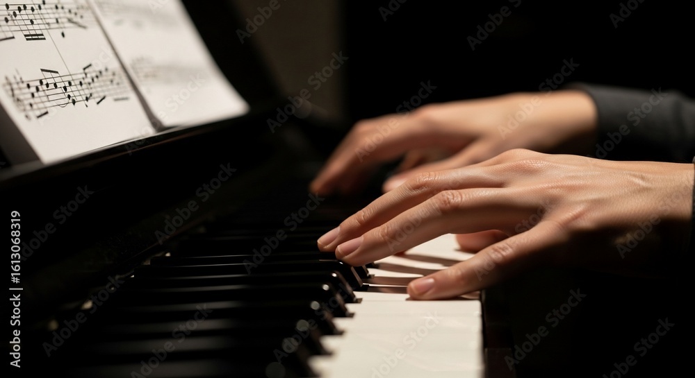 Fototapeta premium Hands playing a piano with sheet music in soft, focused, classical light