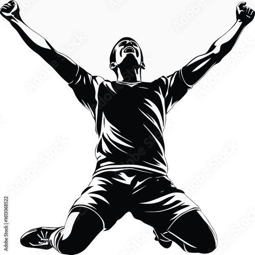 Silhouette of a Victorious Athlete in a Dynamic Pose Celebrating Success with Arms Raised on Knees Expressing Triumph
