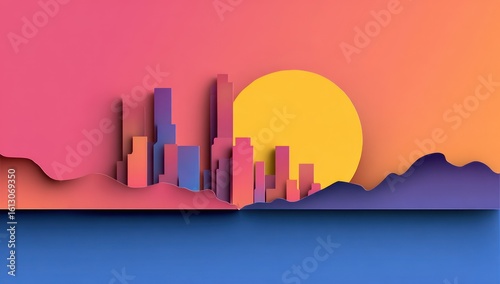 Paper-cut style cityscape illustration under a bright sun. Gradient hues transition across the buildings, hills, and sky above a tranquil body of water, casting soft shadows
