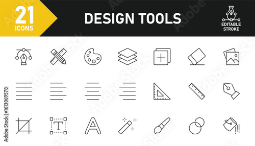 Design Tool line icon set. Set of 21 outline icons related to design tool, pen tool, paintbrush, drawing, pen, crayons, prepress and others. Editable stroke. Vector illustration.