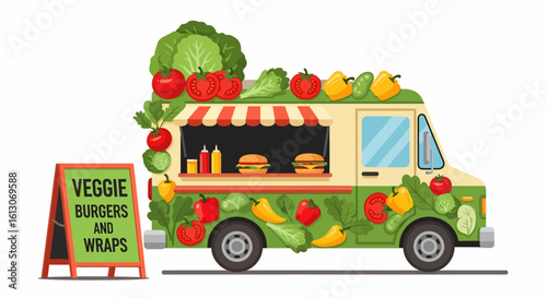 Veggie Food Truck with Burgers and Wraps, Decorated with Fresh Produce