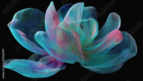 Ethereal bloom. Abstract floral design features translucent petals with blue, pink, and green hues, rendered in a textured, almost holographic style, set against a stark black background