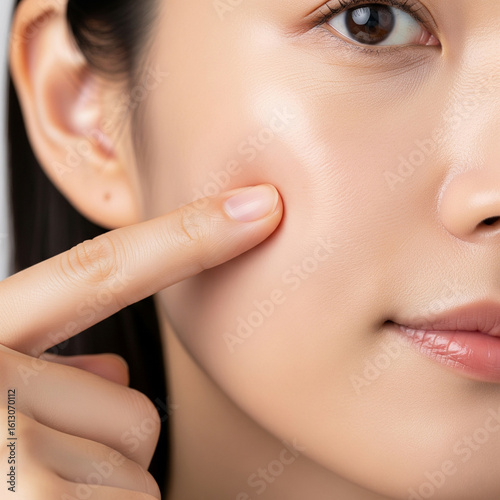 Macro close-up of Asian woman’s fingers pressing cheek, skin instantly bouncing back, showcasing plumpness, elasticity, and healthy youthful complexion in detailed focus.