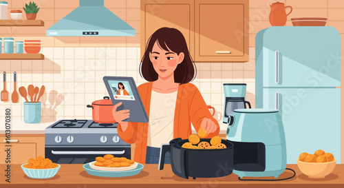 Woman cooking with air fryer while video calling on tablet in kitchen