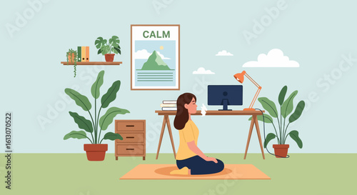 Woman meditating in a home office with plants and a calm poster