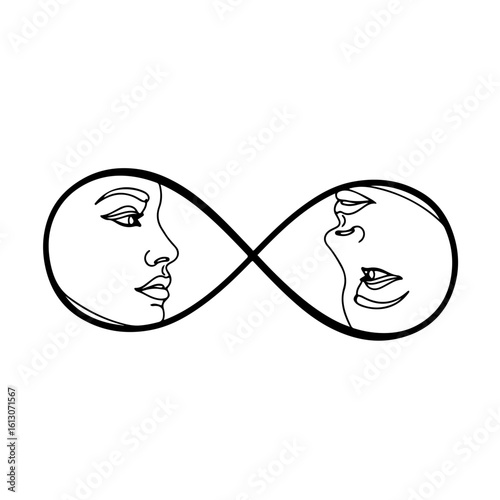 minimalist line art of two faces looking at each other from each end of an infinity symbol, black elegant lines on white background, romantic and modern