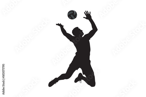 Silhouette of a male volleyball player jumping and spiking the ball isolated on a white background showcasing athleticism skill and the dynamic nature of the