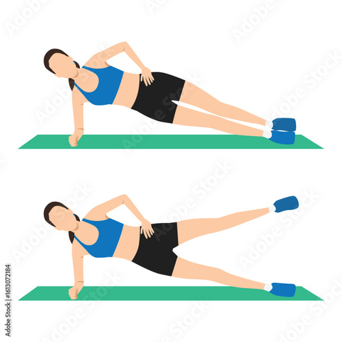 Side Plank Leg Raise Exercise. Flat vector illustration isolated on white background