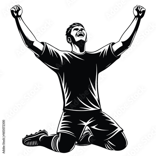 Silhouette of a Victorious Athlete in a Dynamic Pose Celebrating Success with Arms Raised on Knees Expressing Triumph