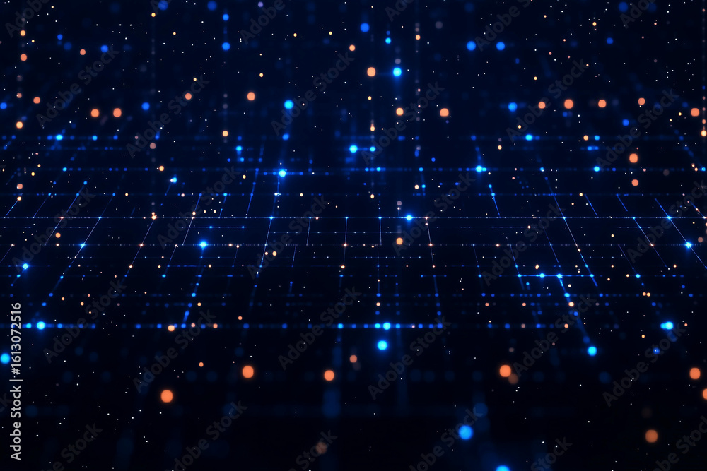 Fototapeta premium Blue abstract tech background. Geometric minimal pattern with dots and squares, digital technology wallpaper design