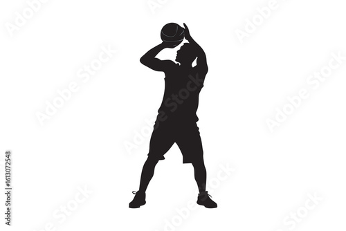 Silhouette of a basketball player preparing to shoot the ball captured in a dynamic full body shot against a clean white background depicting athleticism and