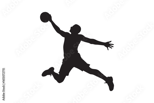 Silhouette of a basketball player in mid air reaching for the ball isolated on a white background representing athleticism sport and dynamic action in a