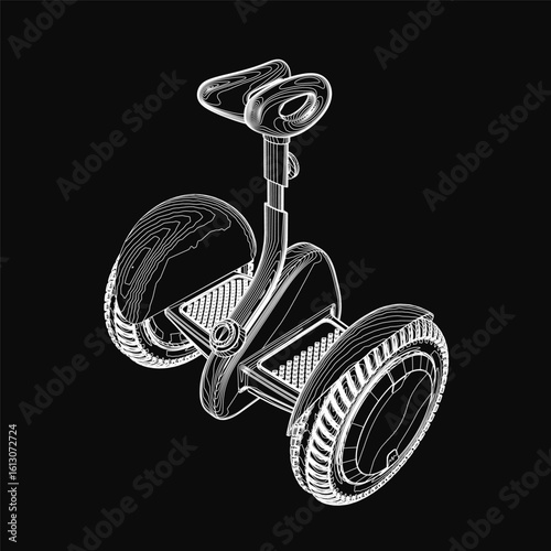 A black and white contour sketch of a sleek Segway with two wheels, handlebar, and seat. The minimalist design features white accents on a black frame against a solid dark background.