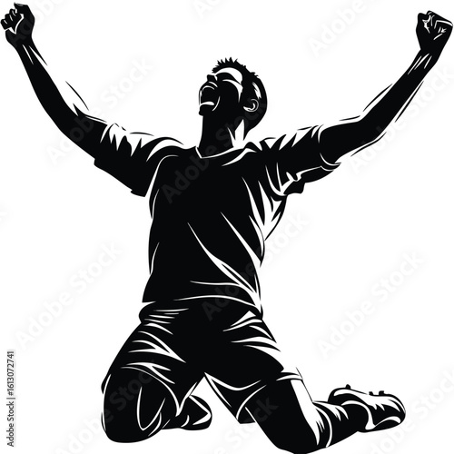 Silhouette of a Victorious Athlete in a Dynamic Pose Celebrating Success with Arms Raised on Knees Expressing Triumph
