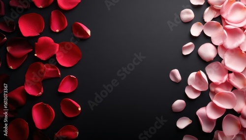 Two clusters of rose petals, deep red on left, light pink on right, frame a stark black background. Gentle gradients soften the edges, creating depth and contrast