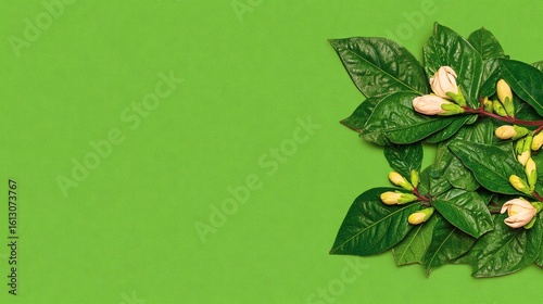 Green Leafy Plant with Pink Flowers on Bright Green Background
