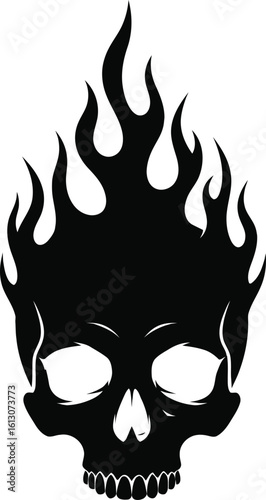 A black graphic illustration of a menacing human skull engulfed in stylized flames.