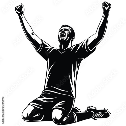 Silhouette of a Victorious Athlete in a Dynamic Pose Celebrating Success with Arms Raised on Knees Expressing Triumph
