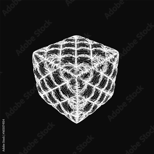 A white 3D cube stands out against a black background, emphasizing sharp contours and minimalist design. The geometric pouf shape creates a striking visual contrast with clean edges and modern.