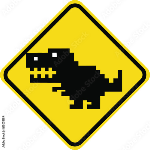 A yellow diamond-shaped warning sign with a pixelated black silhouette of a T-Rex dinosaur.